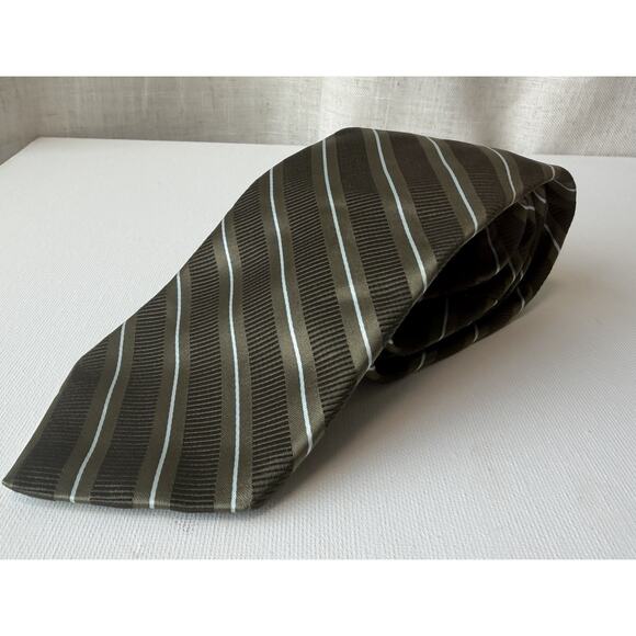 Ike Behar New York Silk Cotton Striped Tie Olive Brown Ribbed Necktie - Picture 1 of 10